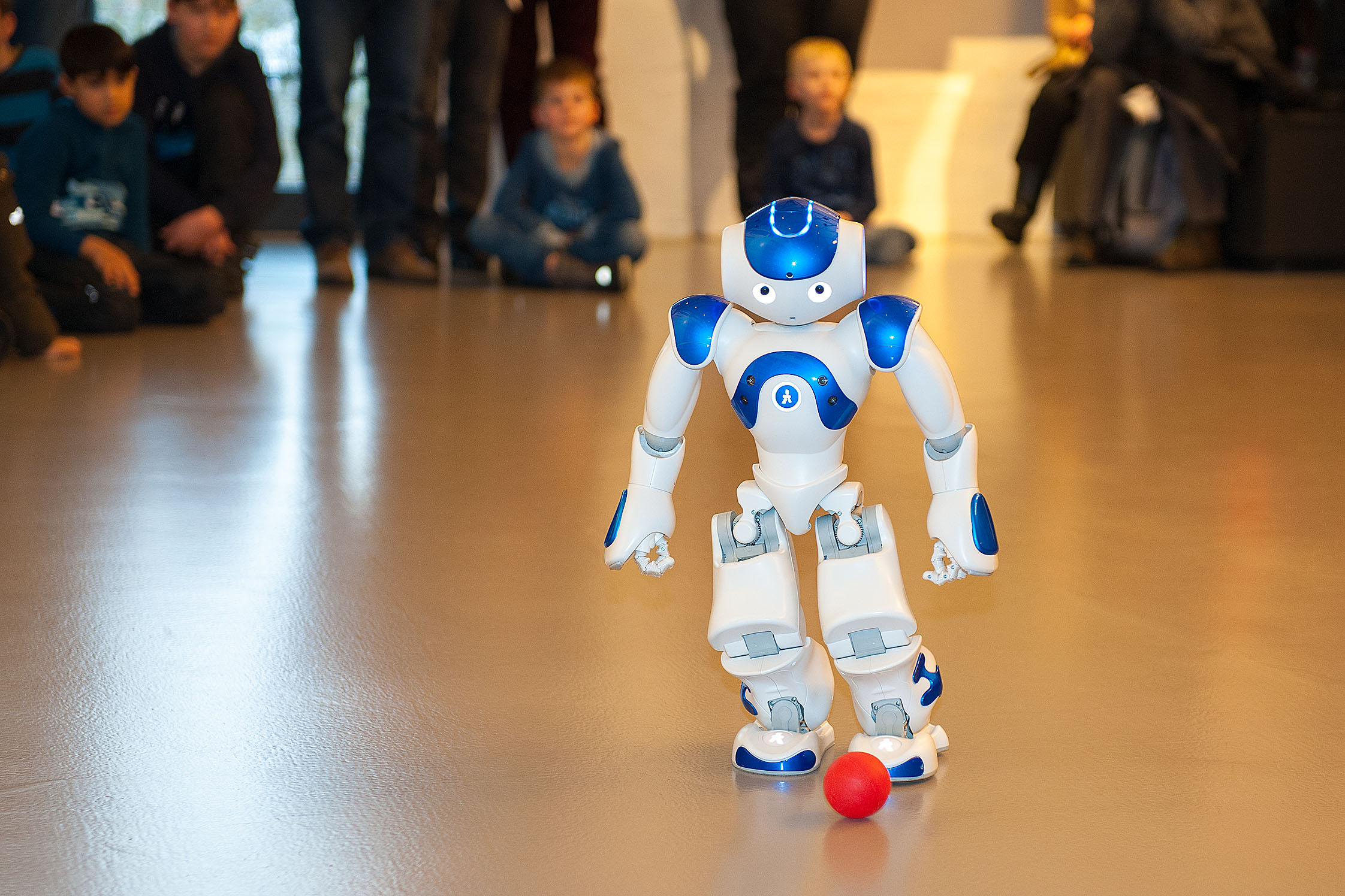 Der weiß-blaue Roboter NAO spielt mit einem kleinen roten Ball. Der etwa 60 Zentimeter große humanoide Roboter geht auf den Ball zu und versucht ihn zu treten. Im Hintergrund verfolgen Kinder und Erwachsene die Vorführung.