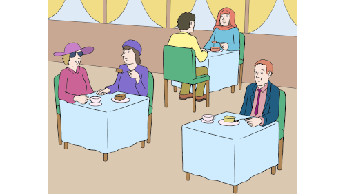 Zeichnung von einem Café, es gibt drei gedeckte Tische mit Gästen