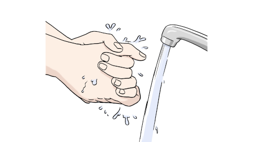 Eine Zeichnung vom Händewaschen unter dem Wasserhahn