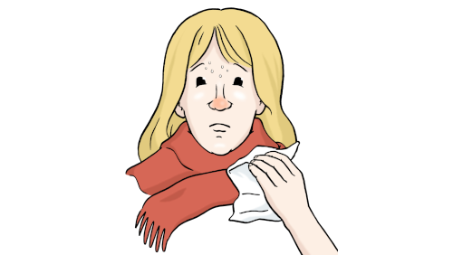 Zeichnung einer Frau mit roter Nase. Sie trägt einem Schal um den Hals und hält ein Taschentuch in der Hand. Sie ist erkältet.