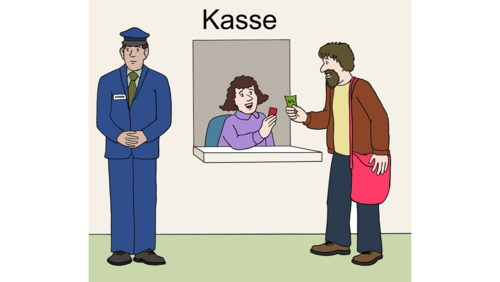 Eine Zeichnung einer Frau im einem Kassenhäuschen, ein Mann kauft gerade ein Ticket, eine Museumsaufsicht steht links daneben.