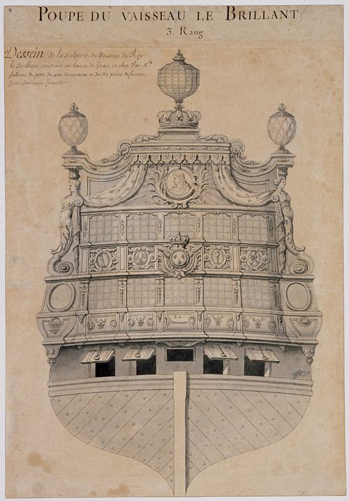 Zeichnung eines barocken Schiffshecks. Der Giebel des Schiffes LE BRILLANT zeigt das Porträt des Sonnenkönigs Luouis XIV.