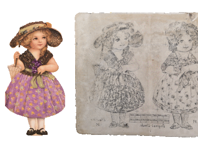 Lithographic stone by Paul Pittius with the motif of two dolls. Next to them is the corresponding glossy picture of the doll with the straw hat, purple skirt and an umbrella from the 1920s.