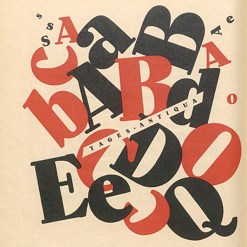 Die Buchseite zeigt eine Komposition aus schwarzen und roten Groß- und Kleinbuchstaben verschiedener Größe der Schrift „Tages-Antiqua“. Die Buchstaben sind locker um den in der Bildmitte angeordneten Schriftnamen gruppiert.