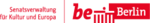 Das Logo der Berliner Senatverwaltung für Kultur und Europa in rot zeigt den Schriftzug "be Berlin" kombiniert mit einem stilisierten Brandenburger Tor.