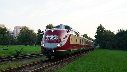 Ein roter Zug mit geschwungener weißer Verzierung fährt durch einen Park .