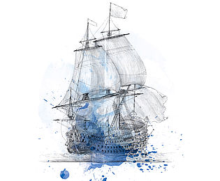 Die Zeichnung eines barocken Schiffes mit einem blauen Farbklecks im Vordergrund ist das zentrale Motiv der Sonderausstellung.