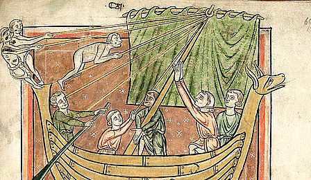Illustration eines großen grünen Fisches. Darüber ein Schiff in Tiergestalt und mehrere Personen, die ein Segel setzen.