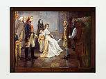 Das Öl-Gemälde zeigt eine Szene, die so nie stattgefunden hat: Franz Carl Achard präsentiert Preußens König Friedrich Wilhelm III. und der in der Bildmitte sitzenden Königin Luise ein Dokument. Neben der weißgekleideten Königin steht ein Kind.