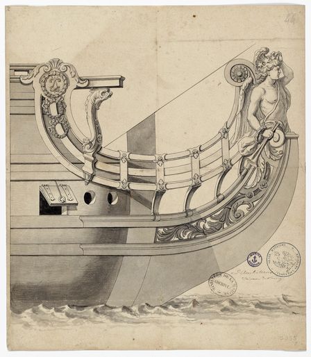 Zecichnung der Galionsfigur eines barocken Schiffes, die Figur trägt Waffengurt und Kürassierhelm.