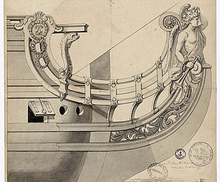 Zecichnung der Galionsfigur eines barocken Schiffes, die Figur trägt Waffengurt und Kürassierhelm.