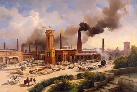 Ein Gemälde, auf dem ein Fabrikgebäude aus Ziegeln zu sehen ist, aus mehreren Schloten raucht es gewaltig.