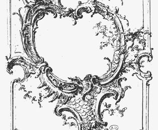 Schwarz-weiße Illustration eines barocken Zierelements, der sogenannten Rocaille.