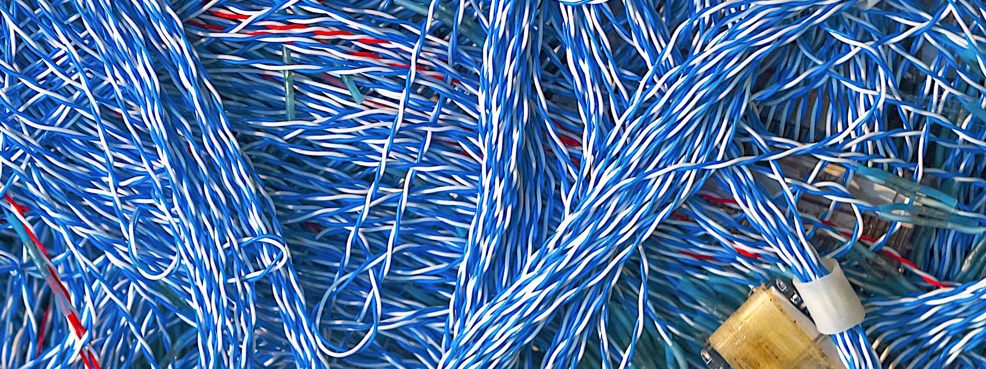 Ein Gewirr aus vielen blau-weißen Kabeln und Kabelsträngen. Dazwischen einige rote Kabel.