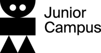Das Logo des Junior Campus im Deutschen Technikmuseum: ein schwarzen Roboter, der aus geometrischen Formen zusammengesetzt ist und der Schriftzug "Junior Campus".