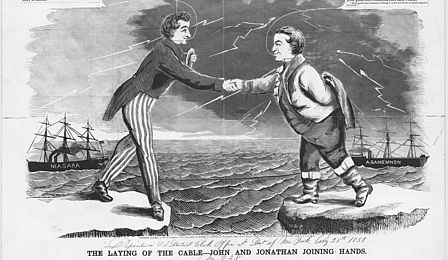 Auf der Illustration reichen sich zwei Männer, die symbolisch für Amerika und England stehen, die Hand. Im Hintergrund der Ozean mit zwei Schiffen.