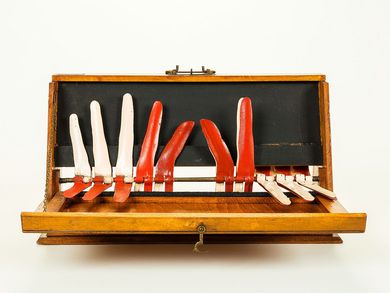 The finger calculator consists of a brown wooden case, the front part of which can be opened downwards to form a kind of showcase during lessons. The outlines of the ten metal fingers of two "hands" are displayed. There is a set of duplicate fingers hidden behind the visible ones. There are thus two rows of fingers. The front row is made up of red metal fingers behind which are identically shaped white ones. Both rows of fingers can be folded down towards the front by means of a simple mechanism. 