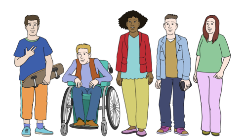 Eine Zeichnung einer Gruppe von Jugendlichen, ein Junge sitzt in einem Rollstuhl.