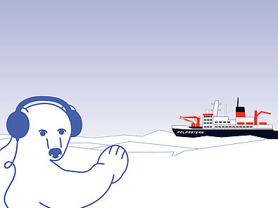 Der Header für den Podcast "Auf dünnem Eis. Der Polarpodcast für Kinder". Ein comichafter Eisbär blickt die Betrachtenden an. Er hat die Tatze gehoben und hat einen Kopfhörer auf den Ohren. Im Hintergrund ist der Eisbrecher POLARSTERN zu sehen.