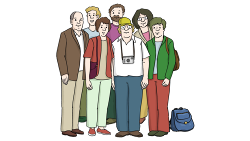 Eine Zeichnung einer Gruppe von Menschen, die mit Kameras und Reisegepäck als Touristen zu erkennen sind.