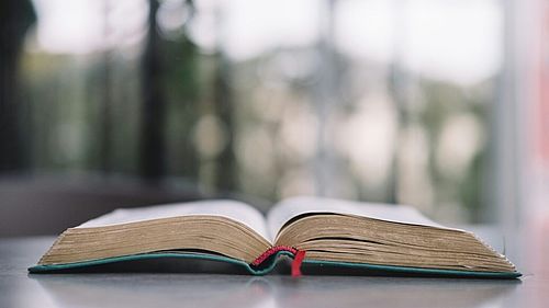 Ein aufgeschlagenes Buch liegt auf einem Tisch.
