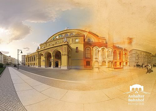 Die Fassade des Eingangsgebäudes des Anhalter Bahnhofs als virtuelle Rekonstruktion. Die rechte Seite des Gebäudes ist mit gezeichneten Elementen und Figuren ausgeschmückt. 