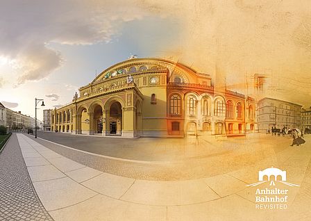 Die Fassade des Eingangsgebäudes des Anhalter Bahnhofs als virtuelle Rekonstruktion. Die rechte Seite des Gebäudes ist mit gezeichneten Elementen und Figuren ausgeschmückt. 