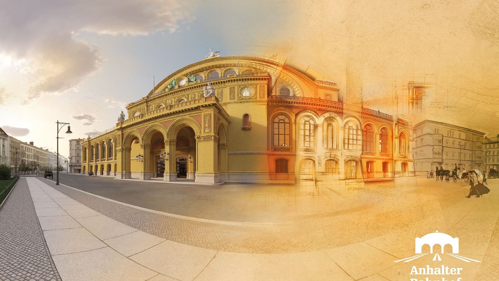 Die Fassade des Eingangsgebäudes des Anhalter Bahnhofs als virtuelle Rekonstruktion. Die rechte Seite des Gebäudes ist mit gezeichneten Elementen und Figuren ausgeschmückt. 