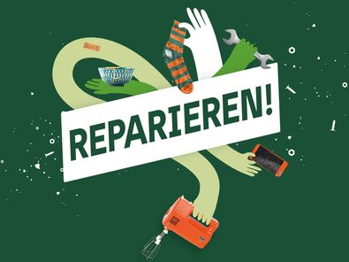 The word “Repair!” is placed centrally in the poster motif for the special exhibition. Winding around it are five graphically designed hands in green and white. They hold different objects: a cell phone with a broken display, a wrench, a darned sock, an Asian-looking bowl restored with the Japanese “golden joinery” technique, and an orange-colored mixer. The information “Entrance Ladestraße” and the duration “Dec. 7, 22–Sep. 3, 23” is shown as well.