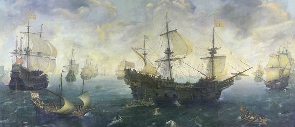Gemälde: Blick auf den Ozean mit zahlreichen großen und kleinen Schiffen mit geblähten Segeln. Der Himmel ist dramatisch erleuchtet.