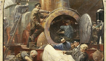 Ein Gemälde von Paul Meyerheim zeigt Arbeiter bei der Produktion einer Lokomotive.