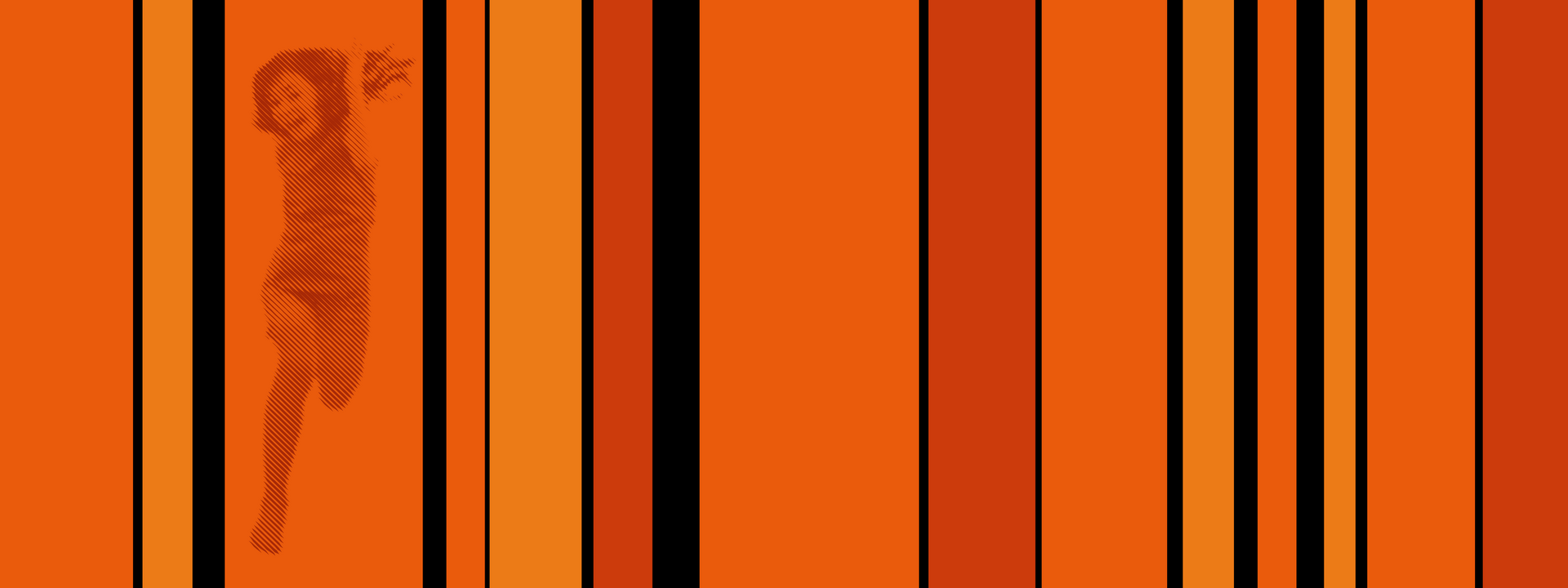 Vertikale Streifen in verschiedenen Orangetönen. Unterbrochen von unterschiedlich breiten schwarzen Linien. In einem der linken Streifen ist ein einfarbiges, gerastertes Bild eines springenden Mädchens zu sehen.