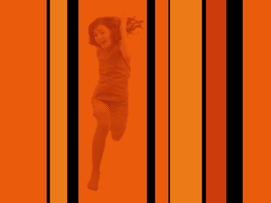 Vertikale Streifen in verschiedenen Orangetönen. Unterbrochen von unterschiedlich breiten schwarzen Linien. In einem der linken Streifen ist ein einfarbiges, gerastertes Bild eines springenden Mädchens zu sehen.