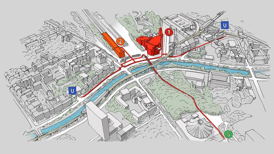 Umgebungskarte des Deutschen Technikmuseums. Das Haupthaus des Museums ist rot eingezeichnet, der Bereich Ladestraße ist orange hervorgehoben. Die drei nahegelegenen S- und U-Bahn-Stationen sind eingezeichnet. Rote Linien kennzeichnen die Wege von den Haltestellen zum Museum.