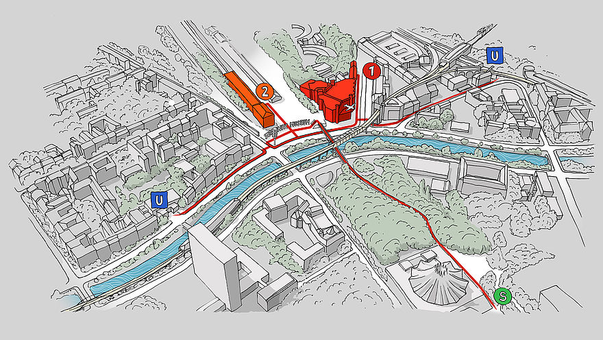 Umgebungskarte des Deutschen Technikmuseums. Das Haupthaus des Museums ist rot eingezeichnet, der Bereich Ladestraße ist orange hervorgehoben. Die drei nahegelegenen S- und U-Bahn-Stationen sind eingezeichnet. Rote Linien kennzeichnen die Wege von den Haltestellen zum Museum.