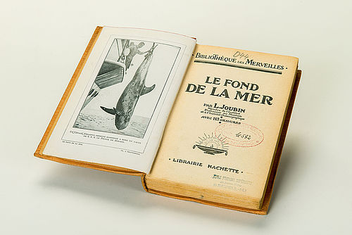 Aufgeschlagenes Buch „Le fond de la mer“. Die Titelseite trägt den Stempel der französischen Mädchenschule. Die gegenüberliegende Seite zeigt einen mit einer Harpune erlegten Rundkopfdelfin, der an Bord eines Schiffes gehoben wird.
