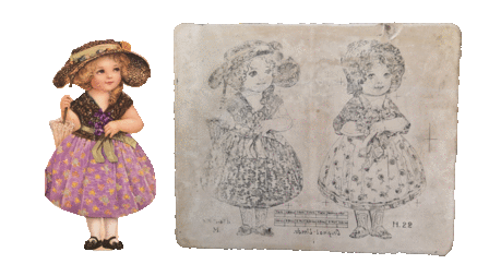 Lithografiestein und das damit gedruckte Glanzbild eines Kindes mit Sonnenschirm und Hut.