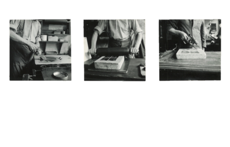 Mehrere Fotos, die verschiedene Arbeitsschritte bei der Herstellung von Postkarten in der Fabrik Paul Pittius zeigen.