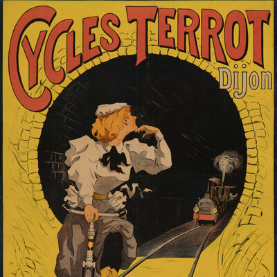 Auf dem Plakat sieht man eine Dame mit grauem Rock und schwarzer Bluse. Sie fährt auf einem Fahrrad gerade aus einem Eisenbahntunnel. Sie hat ihren Kopf nach hinten gewendet und wirft einen überlegenen Blick hinter sich. Dort folgt ihr eine Dampflokomotive. Diese befindet sich noch im Tunnel. Man erkennt schemenhaft den winkenden Lokführer. Über dem Tunnel ist der Schriftzug „Cycles Terrot Dijon“. Unten Rechts ist eine Fahrradritzel  mit Kette mit der Bezeichnung „nouvelle chaine Brevetèe S.G.D.G.“