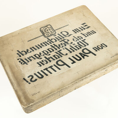 Lithographiestein mit der Aufschrift "Wer Freunde will zum Fest beglücken, muss 'Pittius'-Glückwunschkarten schicken!"