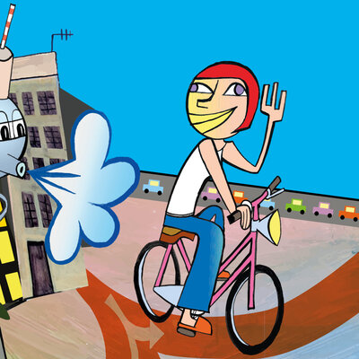 Im Comicstil ist vor blauem Himmel eine Radfahrerin zu sehen, die auf einem Radweg in der Stadt fährt. Ein vermenschlichter Berliner Fernsehturm pustet ihr Rückenwind zu. Am Horizont eine Straße mit vielen Autos und Häuser.