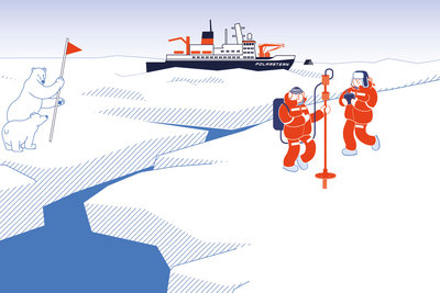 The header for the special exhibition "Thin Ice." Depicted in a comic-style illustration are: an ice floe, two polar bears, two researchers, and a ship on the horizon. The ice has a large crack in it.