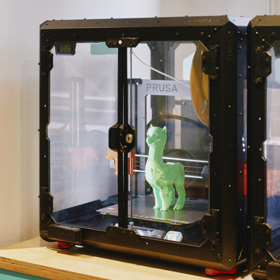 In einem schwarzen 3D-Drucker steht ein hellgrünes, gedrucktes Alpaka. Der Drucker steht auf einem Holztisch; rechts ist ein weiterer Drucker teilweise zu sehen.
