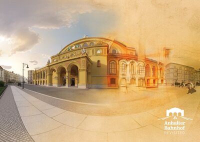Historische und digitale Darstellung des Berliner Anhalter Bahnhofs: Die Grafik zeigt eine virtuelle Rekonstruktion des prächtigen Bahnhofsgebäudes, das sich von einer historischen Zeichnung auf der rechten Seite in eine farbige 3D-Visualisierung auf der linken Seite verwandelt. Im Vordergrund verläuft eine breite Straße, unten rechts steht das Logo „Anhalter Bahnhof Revisited“.