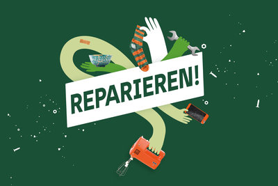 The words "Repair!" with hands holding various objects behind them, set against a green background.