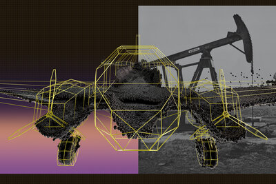 Eine Grafik auf der auf schwarz-lila Hintegrund die Outline eines Flugzeugs und ein Erdöl-Förderturm zu erkennen sind