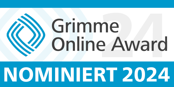 Logo des Grimme Online Award für die Nominierung 2024, in schwarzer Schrift "Grimme Online Award", daneben ein rautenförmiges blaues Logi, darunter in weißer Schrift auf Blau der Text "nominiert 2024"