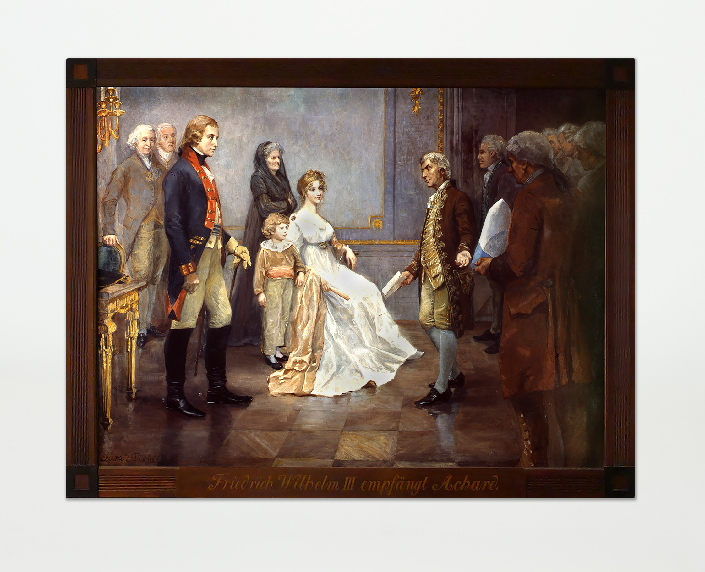 Das Öl-Gemälde zeigt eine Szene, die so nie stattgefunden hat: Franz Carl Achard präsentiert Preußens König Friedrich Wilhelm III. und der in der Bildmitte sitzenden Königin Luise ein Dokument. Neben der weißgekleideten Königin steht ein Kind.