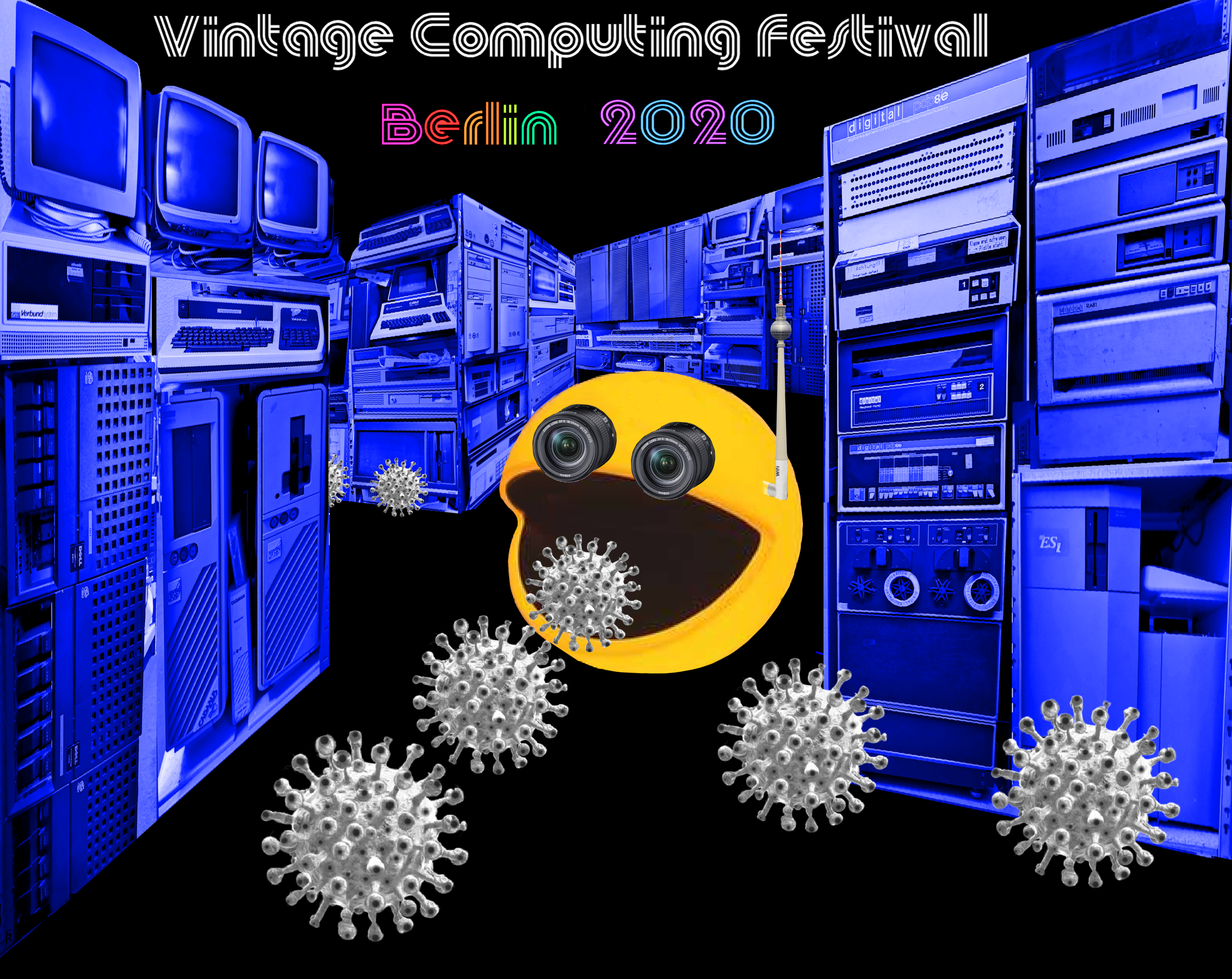 Plakat des Vintage Computing Festivals 2020: Alte Computer und ein Smiley im Vordergrund, mit dem Schriftzug "Vintage Computing Festival 2020"