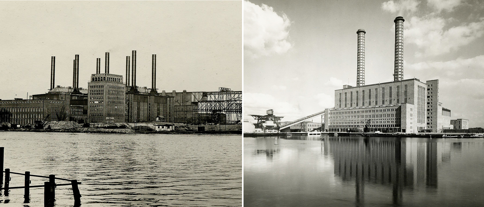 Zwei Schwarzweiß-Aufnahmen: Links ist das Kraftwerk Klingenberg, rechts das Kraftwerk West zu sehen. Die quaderförmigen Kraftwerksgebäude sind aus Backstein gebaut. Sie befinden sich am Wasser und sind von Schornsteinen umgeben.